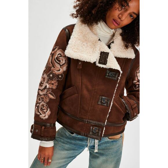 Free People NWT We The Free Andies Embroidered Vegan Leather Moto Jacket Size L - Picture 11 of 13